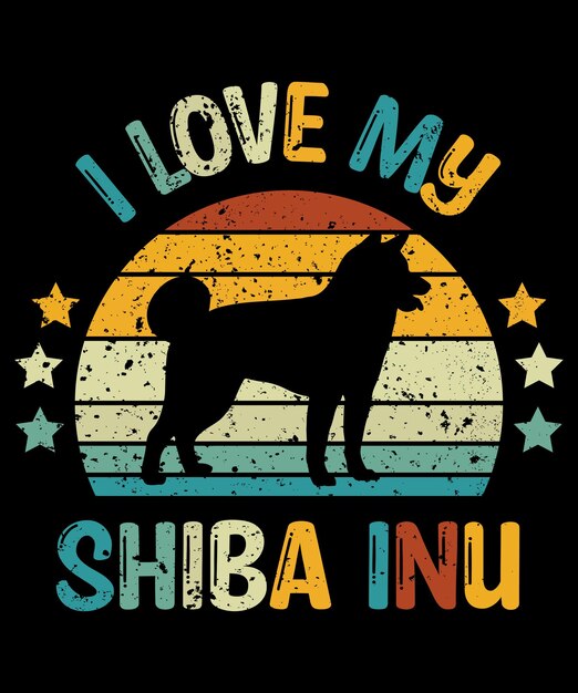 Vector shiba inu silueta vintage y diseño de camiseta retro