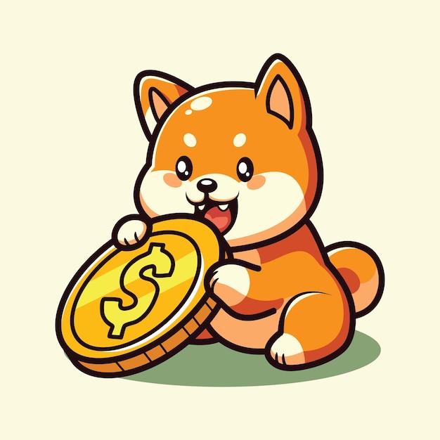 Shiba Inu sosteniendo una moneda Ilustración vectorial al estilo de dibujos animados