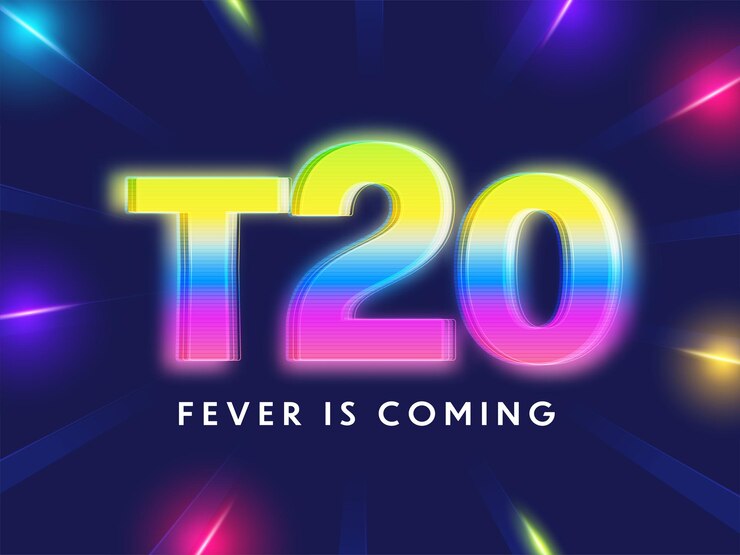 Vector shiny t20 fever is coming text on light rays blue background para el próximo campeonato de críquet