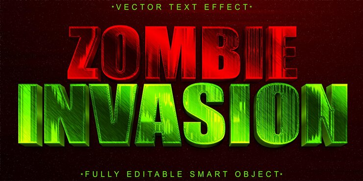 Vector shiny zombie invasion vector efecto de texto de objeto inteligente totalmente editable