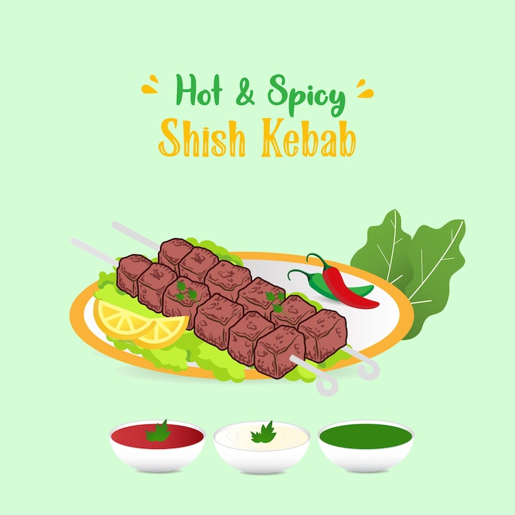 Vector shish kebab con chutney verde comida asiática dibujado a mano ilustración vectorial