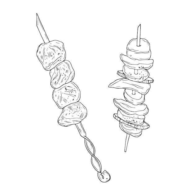 Shish kebab en ilustraciones vectoriales de estilo boceto dibujadas a mano aisladas sobre un fondo blanco
