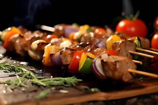 Vector shish kebab a la parrilla carne a la parrilla con verduras shashlik kebab en brochetas tabla de cocina de madera