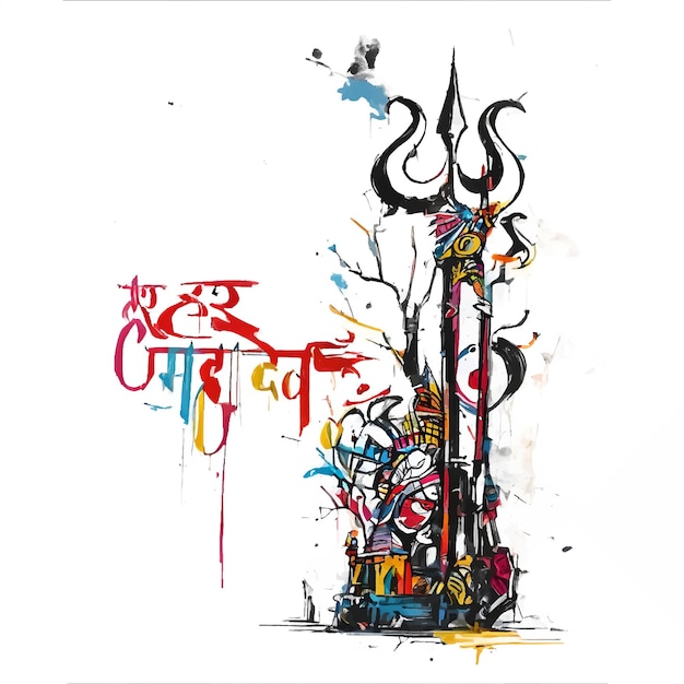 Vector shivratri señor shiva boceto monocromático con texto en hindi o har har mahadev