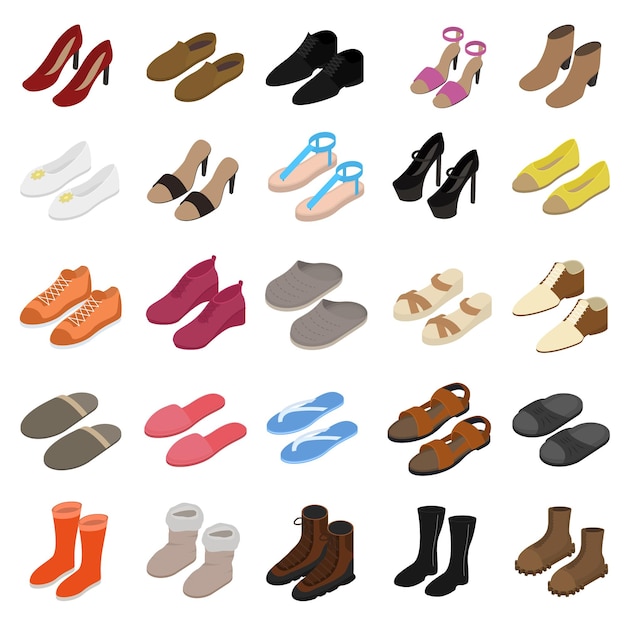 Shoes Sign 3d Icon Set Isometric View Incluye de Sneaker Sandal Slipper Loafer Ballet y Moccasin Ilustración vectorial de los iconos