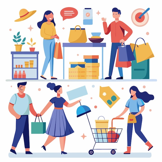 Shopping Spree La gente disfruta de la terapia de venta al por menor con bolsas y carros