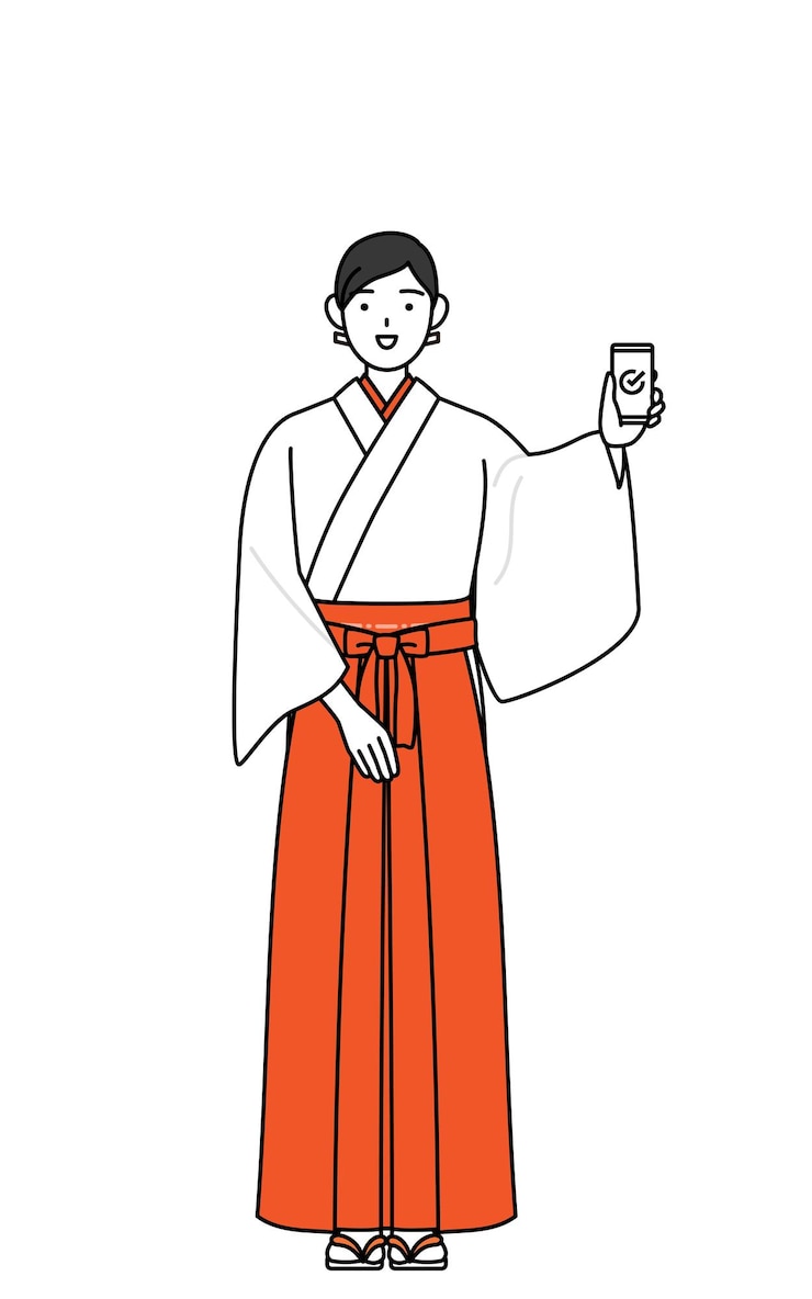 Vector shrine maiden of the shrine con kosode blanco y hakama rojo usando un teléfono inteligente en el trabajo