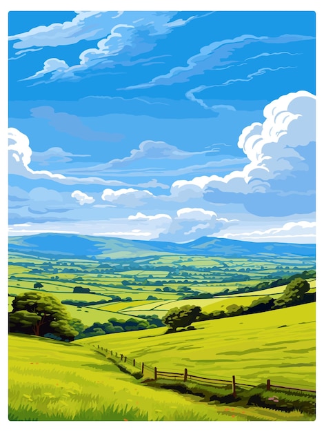 Vector shropshire hills aonb cartel de viaje vintage souvenir tarjeta postal pintura de retratos ilustración de wpa