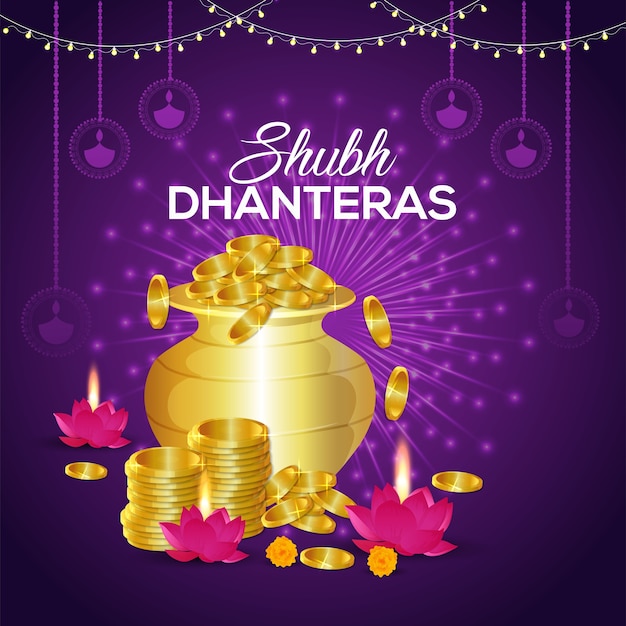 Shubh dhanteras con fondo de olla de monedas de oro