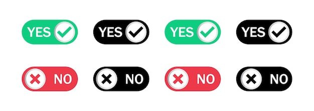 Sí y botones en verde icono de color negro y rojo Marca de comprobación y cruz de marca icono de botón vectorial