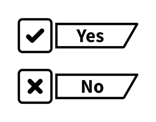 Sí y no icono de opción con estilo de trazo vectorial de marca y cruz en color blanco y negro
