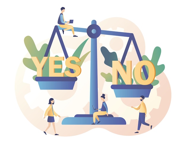 Sí o no concepto Toma de decisiones Las personas diminutas sopesan las decisiones con pesos altos Estilo moderno de dibujos animados planos Ilustración vectorial sobre fondo blanco