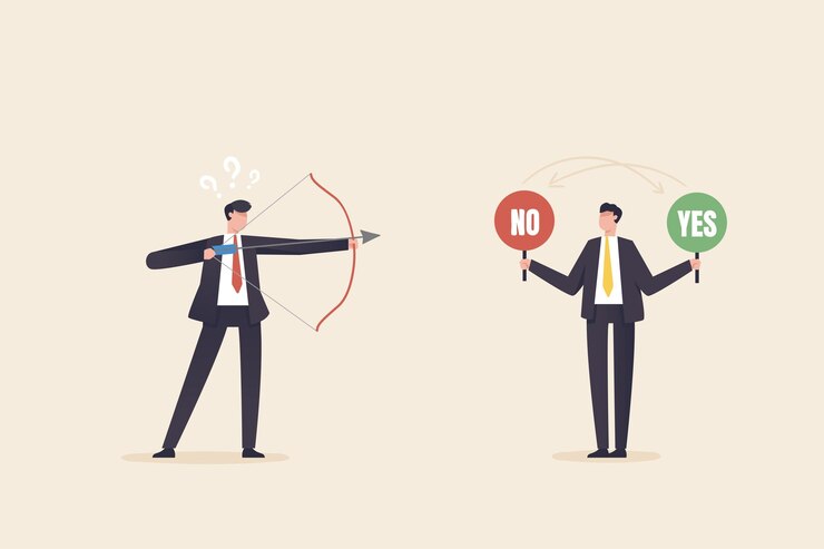 Vector sí o no decisiones comerciales correctas o incorrectas verdadero o falso concepto alternativo correcto e incorrectoxdbusinessman apuntando flecha a la palabra sí o no