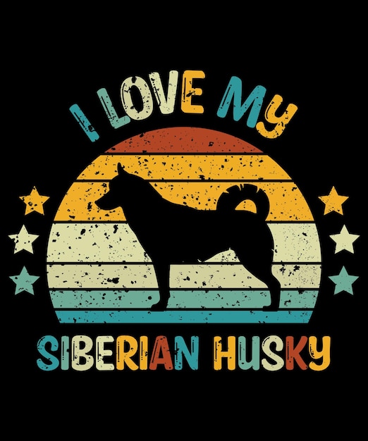 Vector siberian husky silueta vintage y diseño de camiseta retro