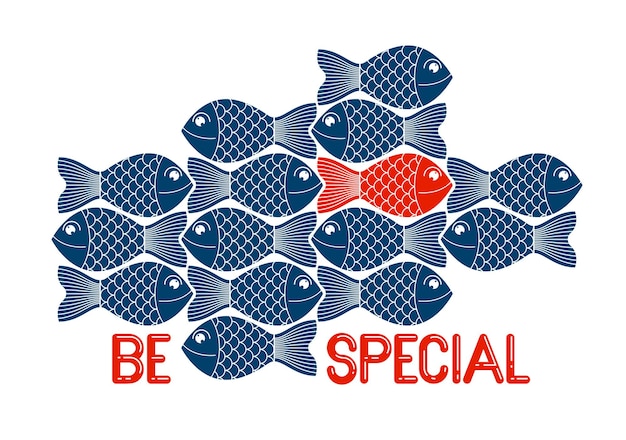 Siendo un concepto vectorial diferente o especial que se muestra con divertidos peces de dibujos animados y uno es de otro color y nadando en otra dirección, oposición alternativa, variedad.