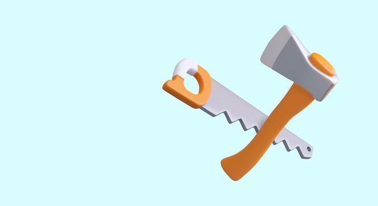 Vector sierra de mano 3d y hacha al estilo de dibujos animados herramientas turísticas de carpintería de leñador