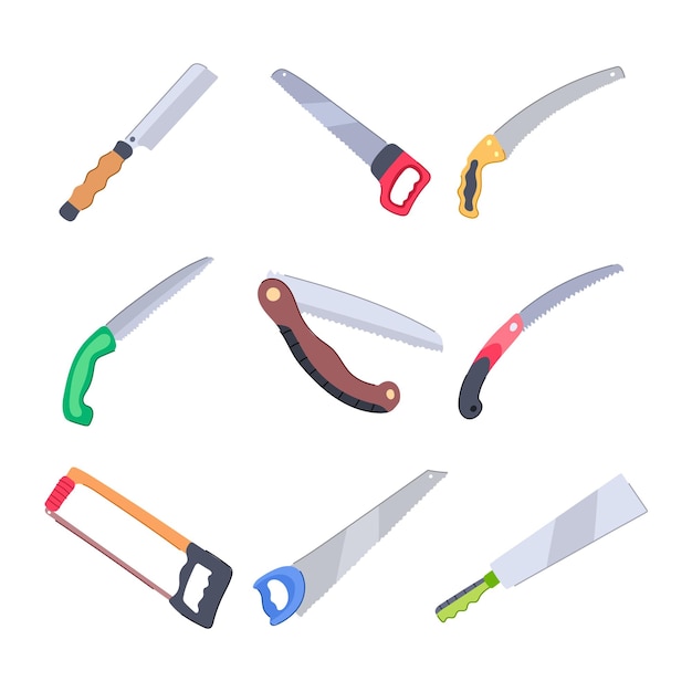 sierra mano conjunto dibujos animados madera instrumento carpintería taller objeto manual sierra mano signo símbolo aislado vector ilustración