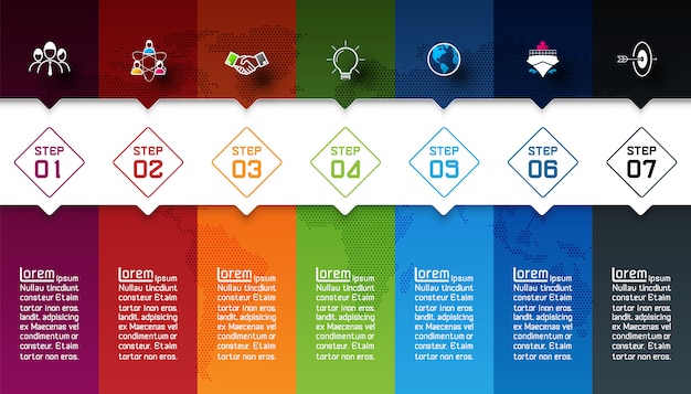 Siete barras de colores con infografías de iconos de negocios.