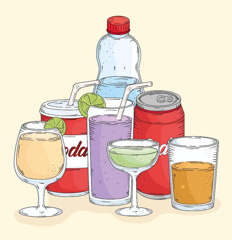 Vector siete bebidas frescas estilo dibujado