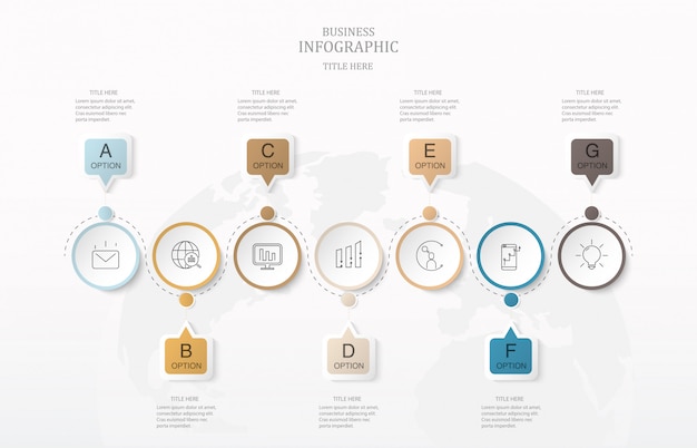 Siete cuadro de texto infografía y fondo de mapa mundial.
