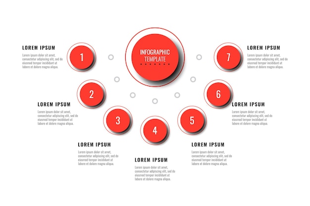 Siete elementos infográficos rojos con sombra realista en diagrama horizontal sobre un fondo blanco.