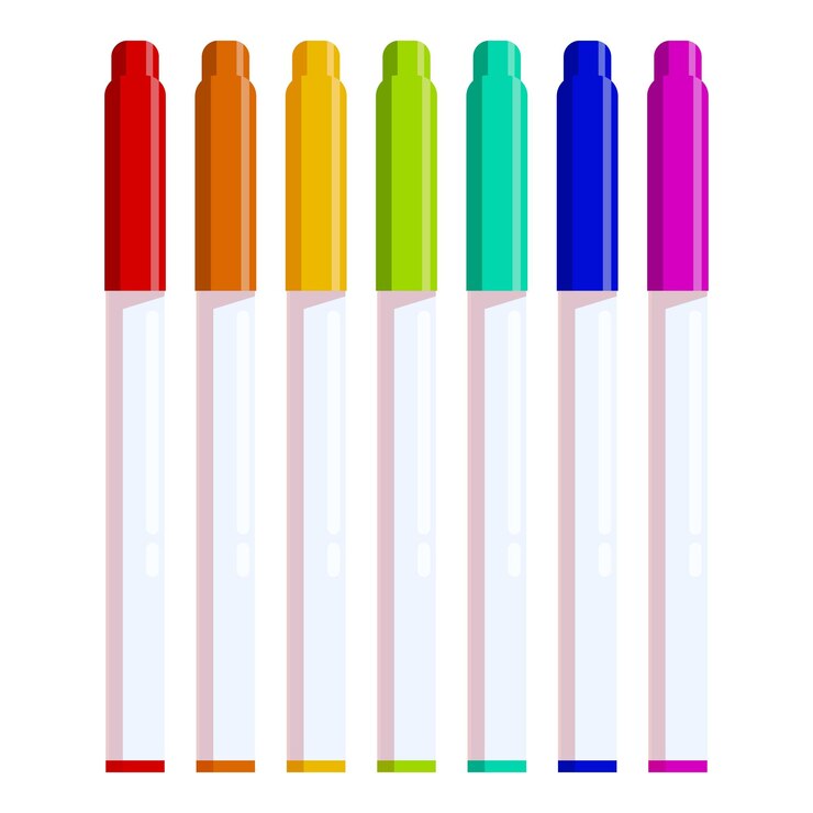 Siete marcadores de colores de pie en fila