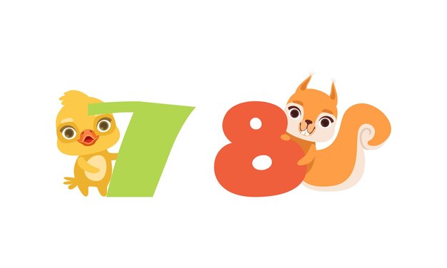 Siete y ocho números con pollo y ardilla bonitos números de aniversario de cumpleaños con dibujos animados de animales y pájaros divertidos