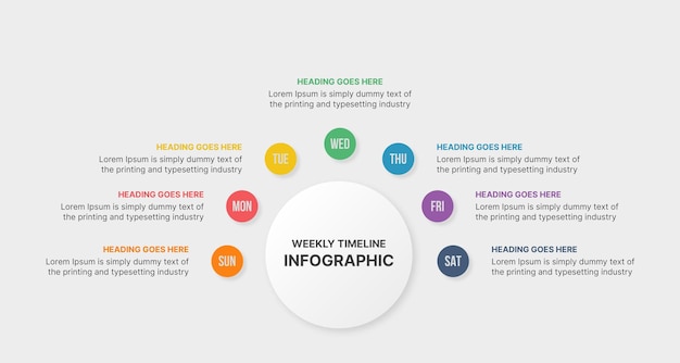 Siete opciones, línea de tiempo semanal, diseño de plantilla de infografía circular