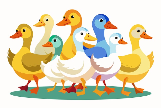 Siete patos de colores de pie en la hierba verde