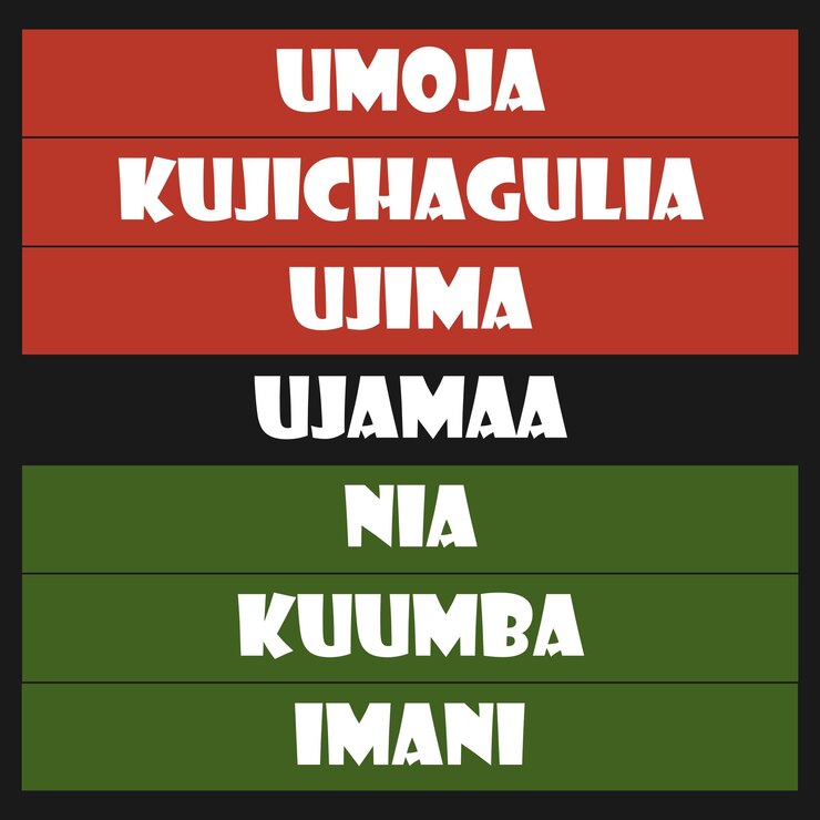 Vector siete principios de texto de letras vectoriales de kwanzaa impresión de póster de camiseta unidad de traducción swahili
