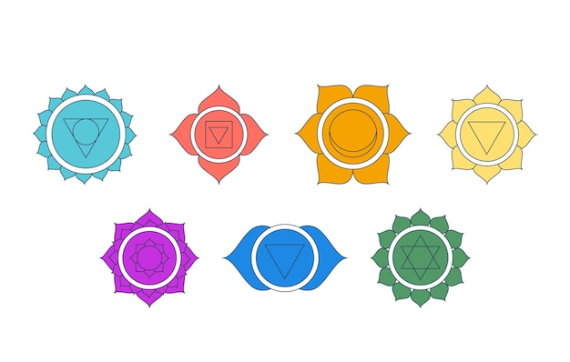 Siete símbolos de chakra conjunto de objetos de dibujos animados 2D