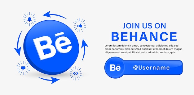 Síganos en el banner de redes sociales behance con logotipo 3d e íconos de notificación como campana de comentarios