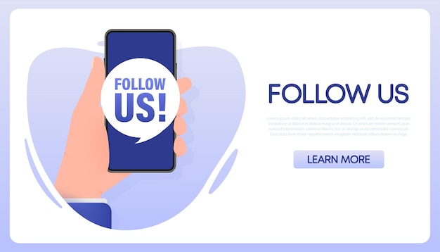 Síganos banner de teléfono inteligente en estilo plano sobre fondo blanco Ilustración vectorial