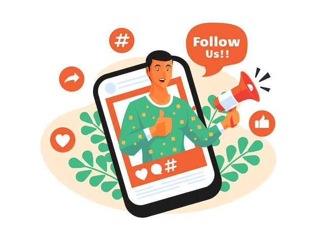 Síganos concepto de promoción de redes sociales con teléfono inteligente y megáfono