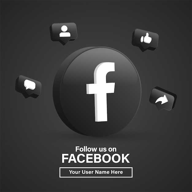 Síganos en facebook logo 3d en círculo negro moderno para iconos de redes sociales o únase a nosotros banner