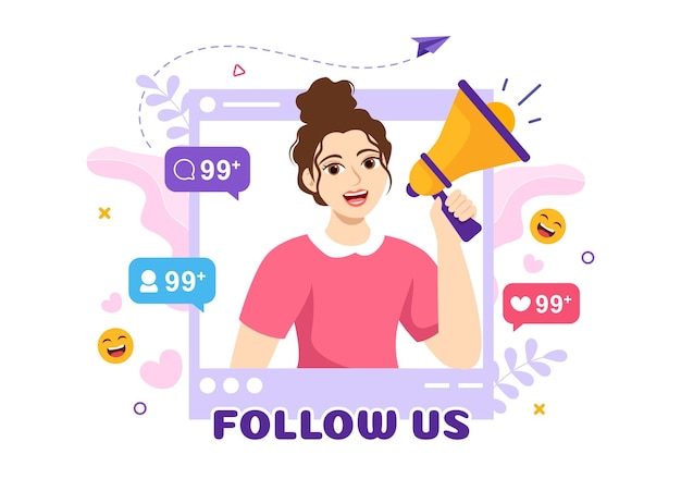 Síganos y haga clic en Me gusta Ilustración de usuarios de redes sociales que siguen una página interesante