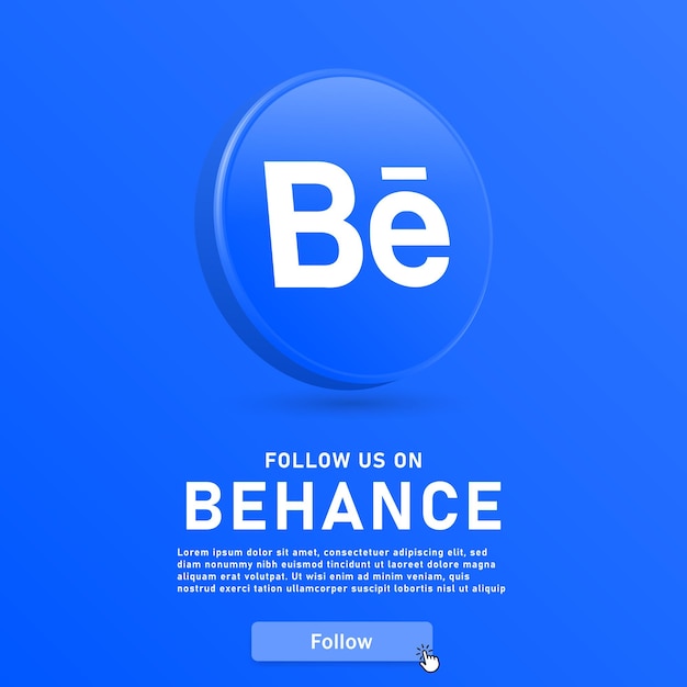 Síganos en el logotipo 3d de behance con el botón web y el ícono del cursor del mouse para los logotipos de los íconos de las redes sociales
