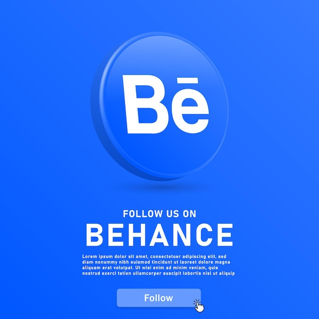 síganos en el logotipo 3d de behance con el botón web y el ícono del cursor del mouse para los logotipos de los íconos de las redes sociales
