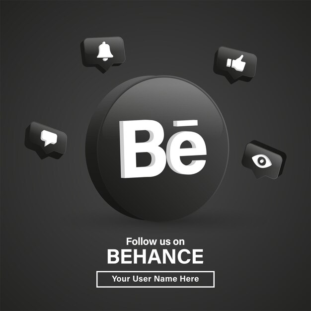 Síganos en el logotipo 3d de behance en un círculo negro moderno para los íconos de las redes sociales o únase a nosotros en el banner