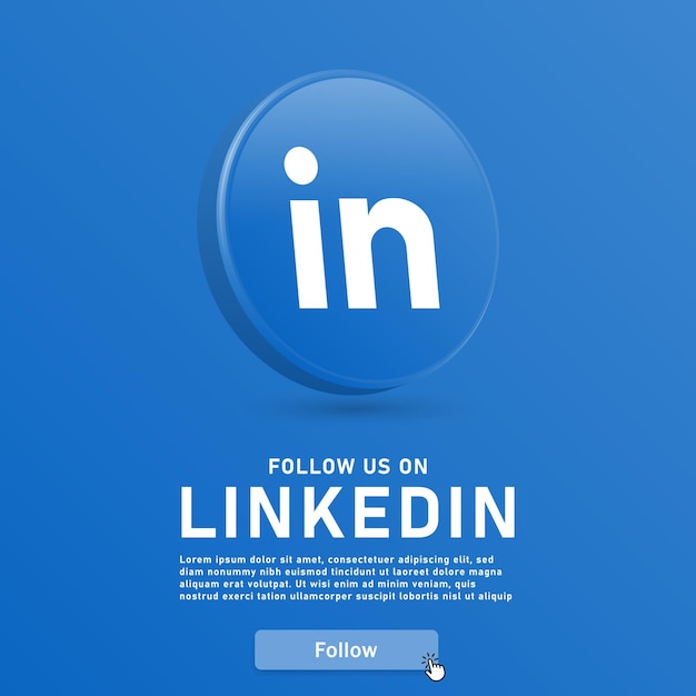 síganos en el logotipo 3d de linkedin con el botón web y el icono del cursor del mouse para los logotipos de los iconos de las redes sociales