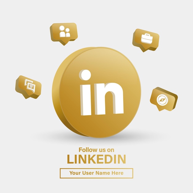 Síganos en el logotipo 3d de linkedin en un marco dorado moderno para los logotipos de los iconos de las redes sociales o únase a nosotros en el banner