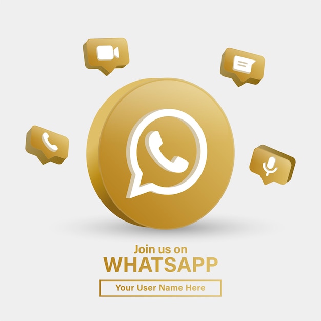 Vector síganos en el logotipo 3d de whatsapp en un marco dorado moderno para los logotipos de los iconos de las redes sociales o únase a nosotros en el banner