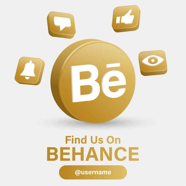 Síganos en los logotipos de las redes sociales de behance con el logotipo 3d en un moderno marco dorado e íconos de notificación