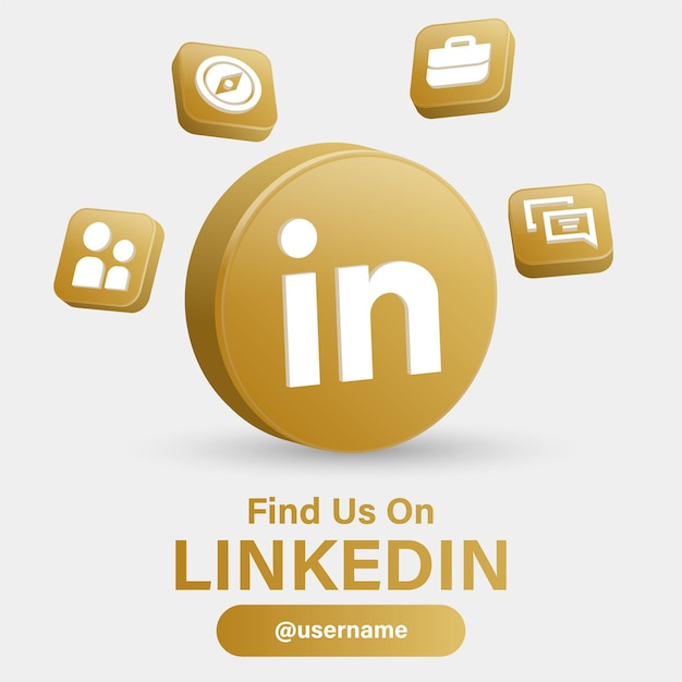 Síganos en los logotipos de las redes sociales de linkedin con el logotipo 3d en un moderno marco dorado e iconos de notificación