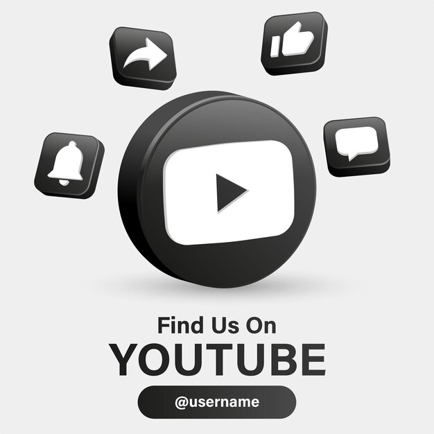 Síganos en los logotipos de las redes sociales de youtube con el logotipo 3d en un marco negro moderno con iconos de notificación