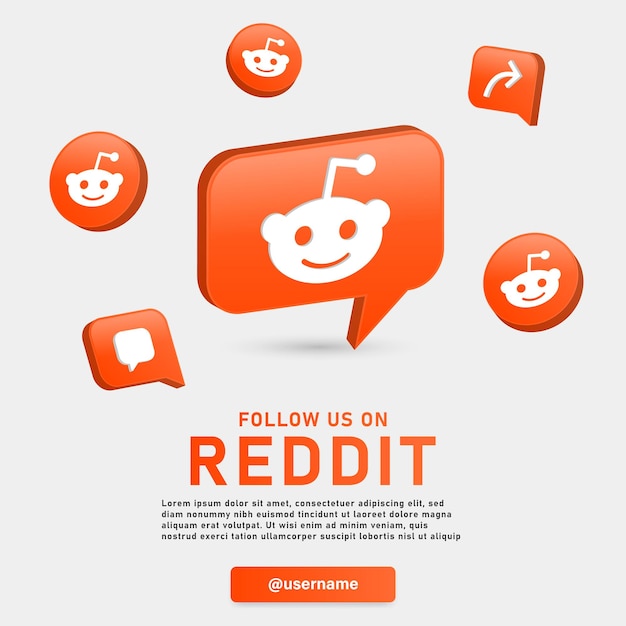 Síganos en reddit con logotipos en 3D e íconos de reacciones posteriores a las notificaciones únase a nosotros en las redes sociales