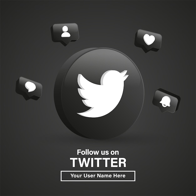 Síganos en twitter logo 3d en círculo negro moderno para iconos de redes sociales o únase a nosotros banner