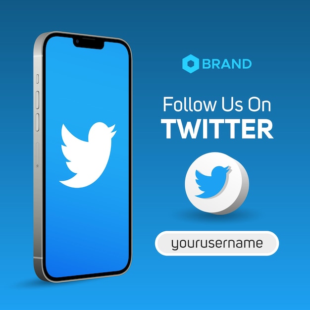 Vector síganos en twitter logotipo de ilustración 3d banner de maqueta de pantalla de teléfono inteligente para publicación en redes sociales