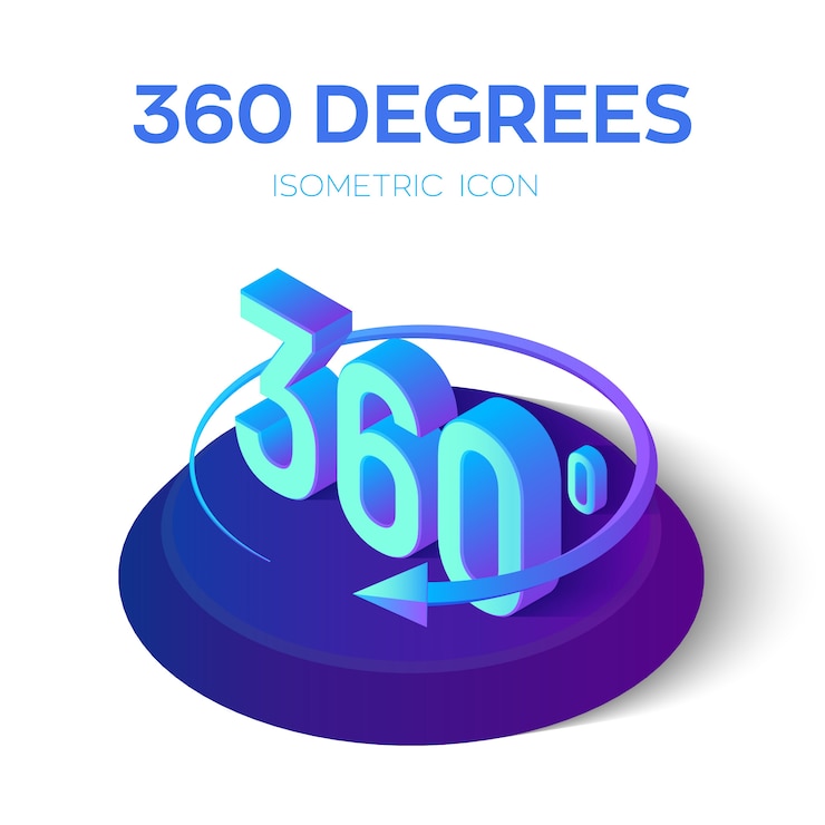 Vector signo de 360 grados. vista de grados de ángulo isométrico.