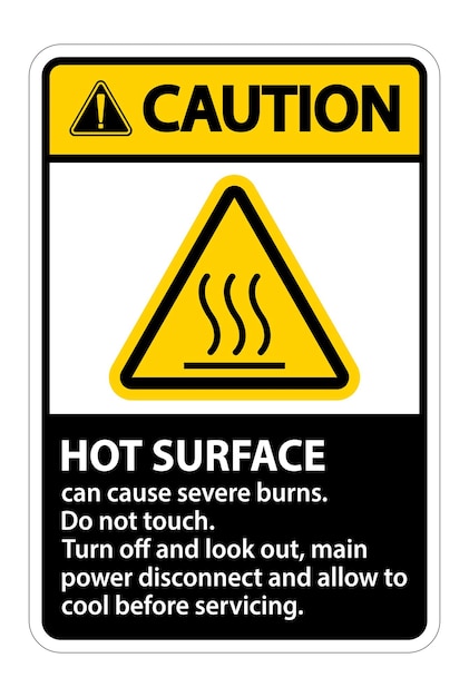Signo de advertencia de superficie caliente sobre fondo blanco